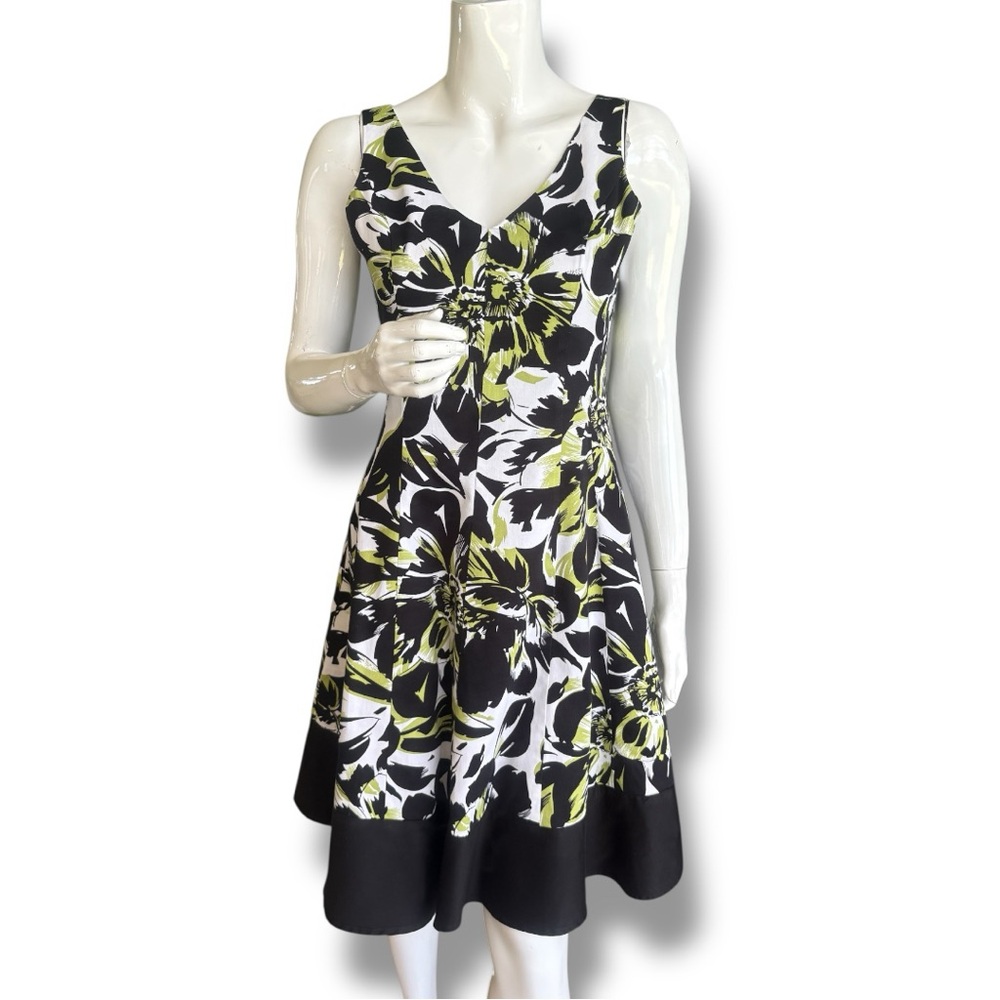 Jessica Howard Black Green White Fit & Flare Cotton Dress. Women’s Size 8